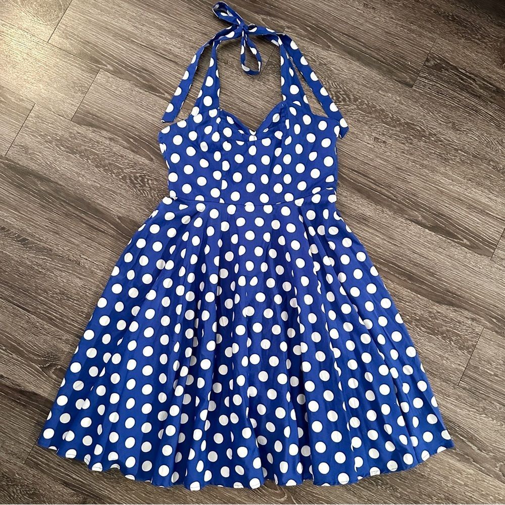 Hell Bunny Royal Blue and White Polka Dot Halter Swing Dress